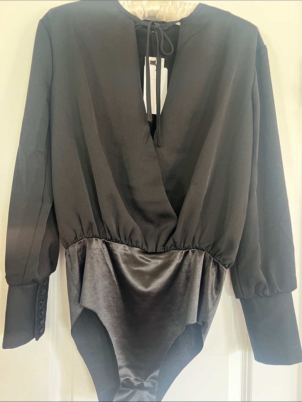 Line & Dot Black Satin-Trim Wrap Bodysuit